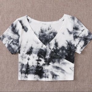black and white v neck tye dye surplice crop top